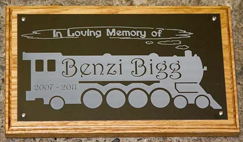 Plaque made from engraved anodised aluminium.d Childs Train Memorial Plaque