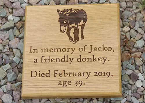 Wooden pet memorial with a donkey image Wooden Pet Memorial - Donkey