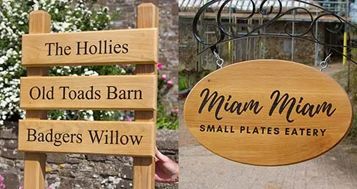 We also make wooden signs on posts and hanging wooden house sign. Lots more Wooden Signs