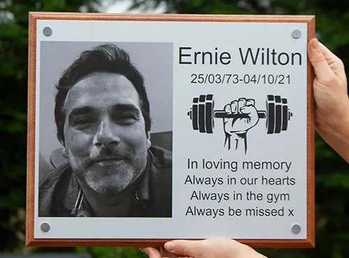 Text and photo locked into the hard anodised aluminium. Black and White Photo Memorial