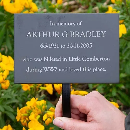 This wrought iron tree stake has a backing plate to which the memorial is attached. Slate Memorial Plaque on Tree Stake