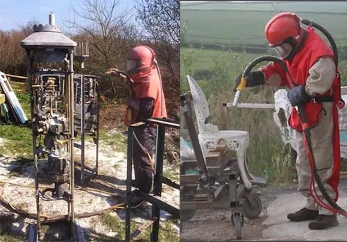 Sandblasting can clean off old paint and rust. Sandblasting Rusty Metal Objects
