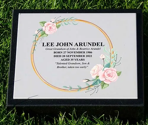 Full colour memorial plaque on a granite wedge. Full Colour Memorial Plaque