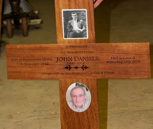 Two porcelain plaques on large oak cross. Porcelain Plaques on Wooden Cross