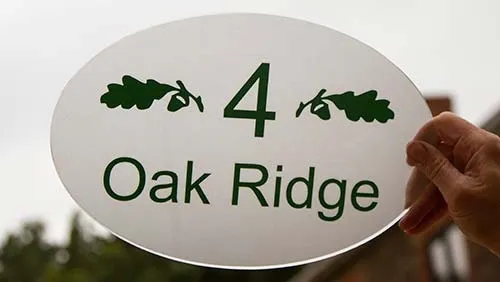 Dark green lettering on reverse of clear acrylic with a frosted backing. House Address Sign