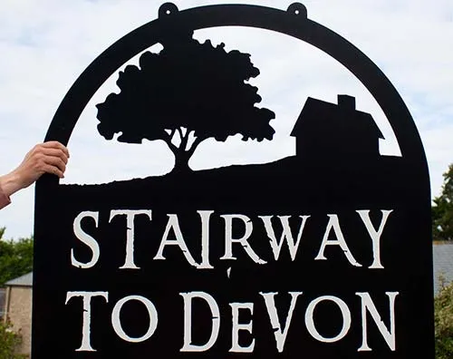 Painted 3mm aluminium painted sign with white lettering. Black Metal Hanging Sign